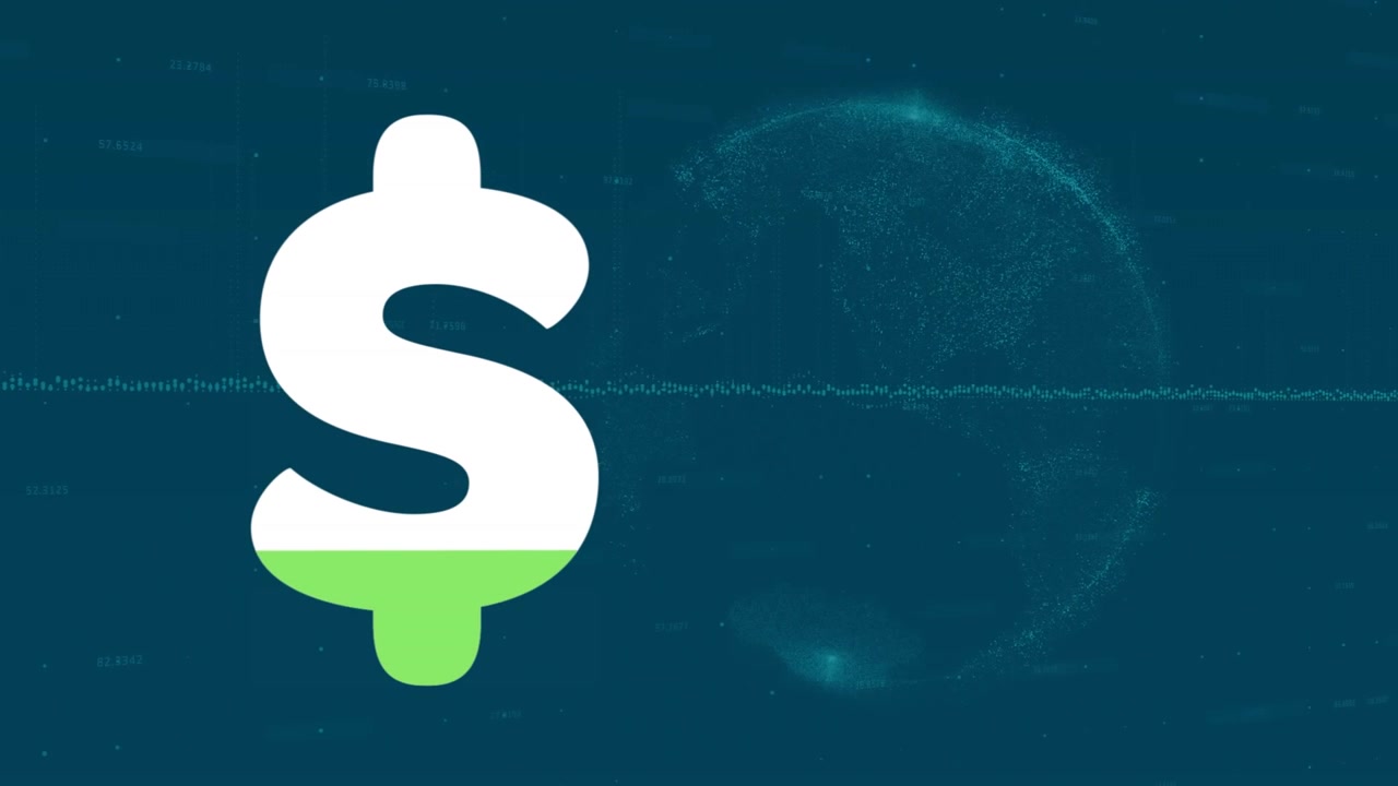 Animazione di un simbolo del dollaro che si riempie su un'elaborazione dati sopra un globo su sfondo blu