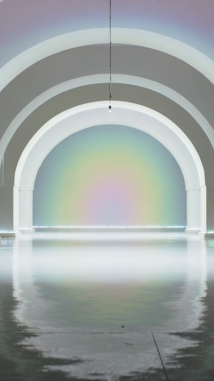 Vertical video: Fading rainbow wash crossing arched hall, reflecting in shallow pool with pendant