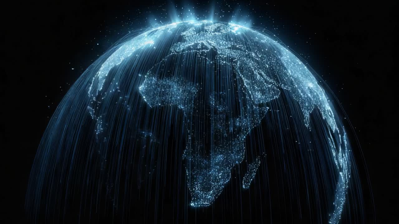 Glowing blue digital Earth rotating on its axis, showing continents like Africa and Asia formed by city lights, representing global network connections, technology, and information data flow