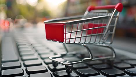 miniature shopping cart on laptop keyboard for online retail