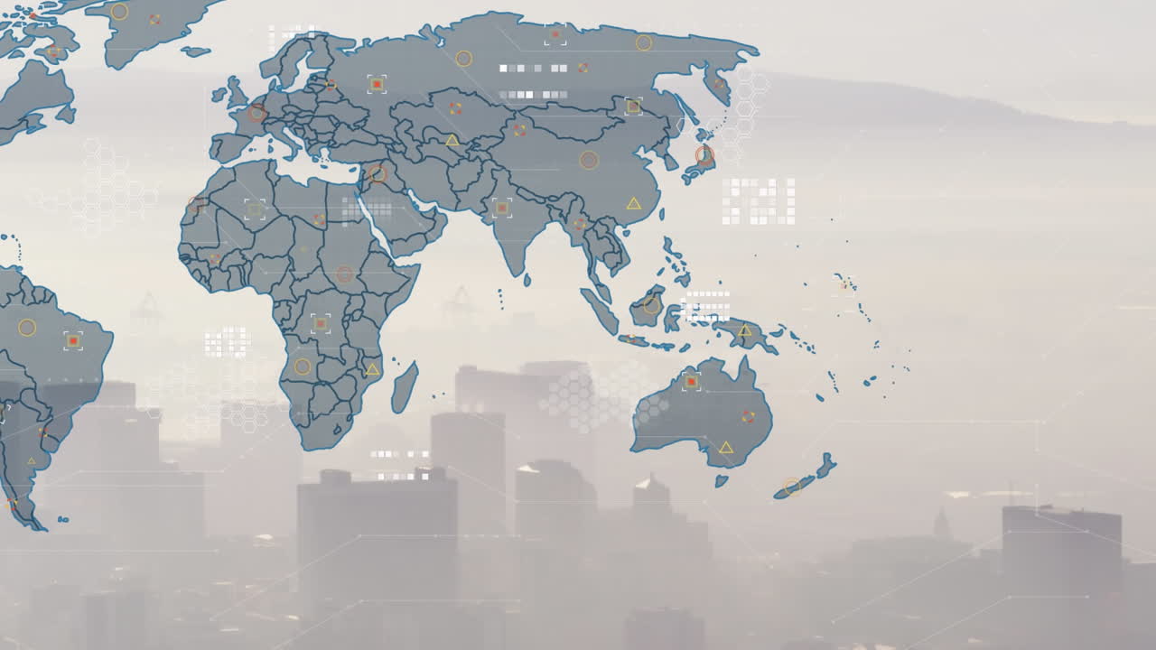 도시 풍경과 산의 공중 풍경 위에 상징이 있는 지도의 애니메이션