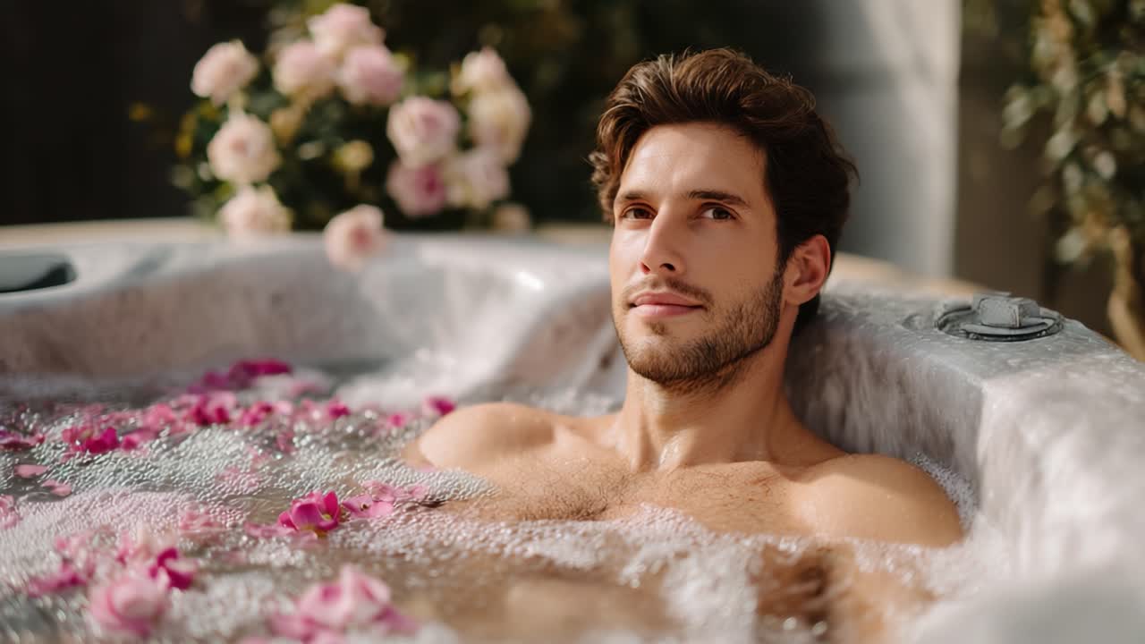Relaxation and Serenity in a Luxurious Hot Tub: A Man's Rejuvenating Experience Amidst Beautiful Flower Petals and a Tranquil Outdoor Setting
