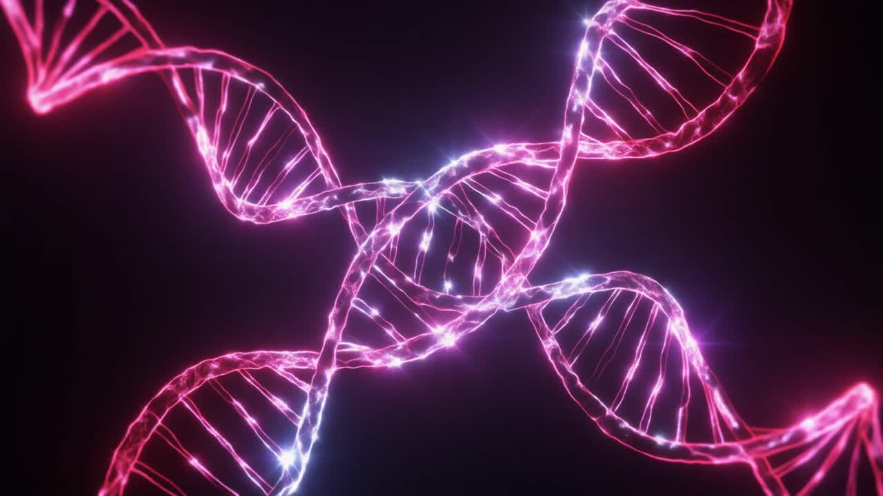 Strutture a Doppia Elica di DNA Luminose Rotanti su Sfondo Scuro