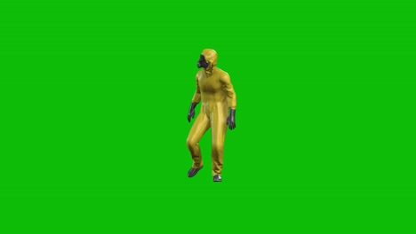 Biohazard,-Hazmat-suit-3D-character-walking-carefully-towards-the-camera-on-green-screen,-front-view,-3D-animation