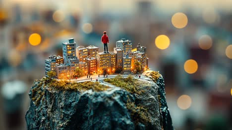 a miniature cityscape sits atop a rocky outcrop, illuminated by tiny lights