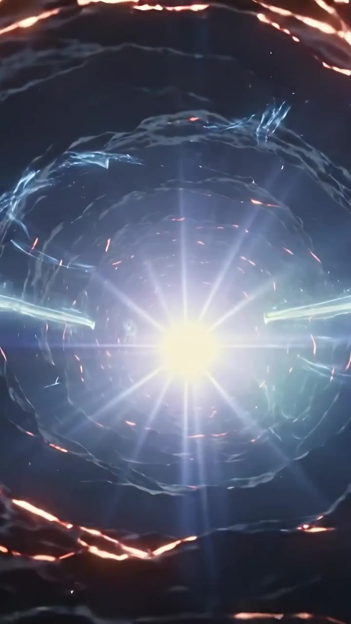 Video vertical: Núcleo radiante que se ilumina mientras un anillo poco profundo aparece en el espacio, formando arcos de vórtice.