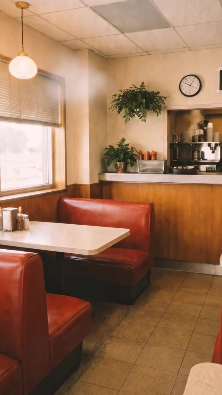 Cabine vuote di un diner retrò con vapore che sale dal bancone della cucina