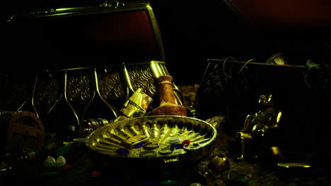 treasure chests filled with ancient artifacts and colorful gemstones