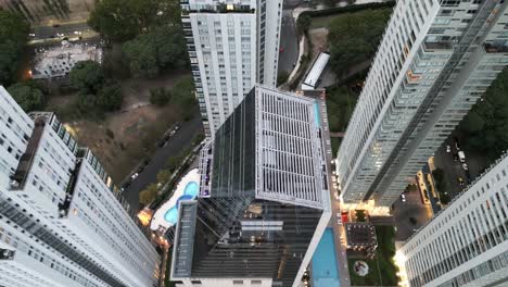 Drone-flyover-view,-beautiful-downtown-skyscrapers-in-Buenos-Aires,-Argentina