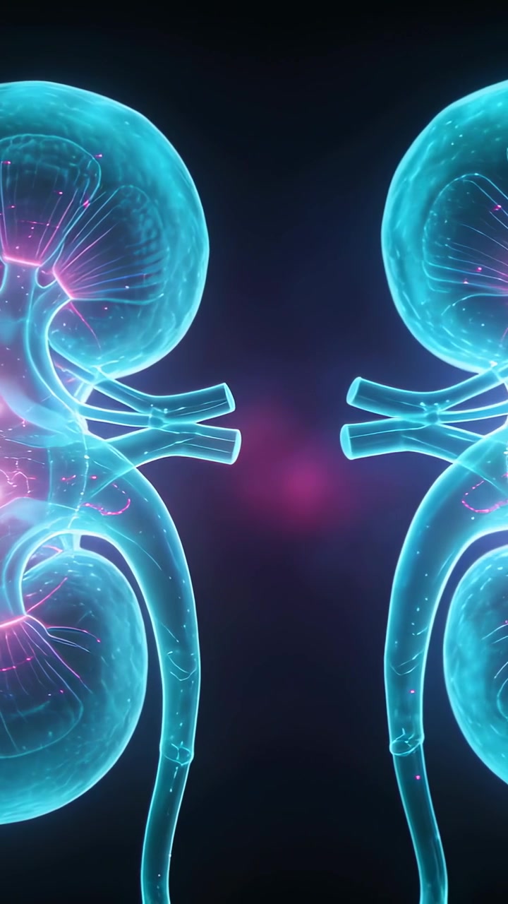 Vertical video: Rotating kidneys showing ureters, vessels in studio for study as other enters right