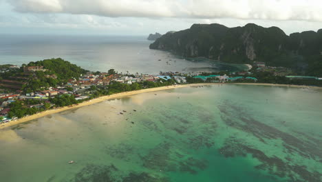 Picturesque-seascape-aerial-view-of-Tonsai-Village,-Koh-Phi-Phi,-Thailand