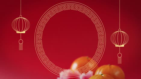 animation of chinese pattern and orange decoration on red background