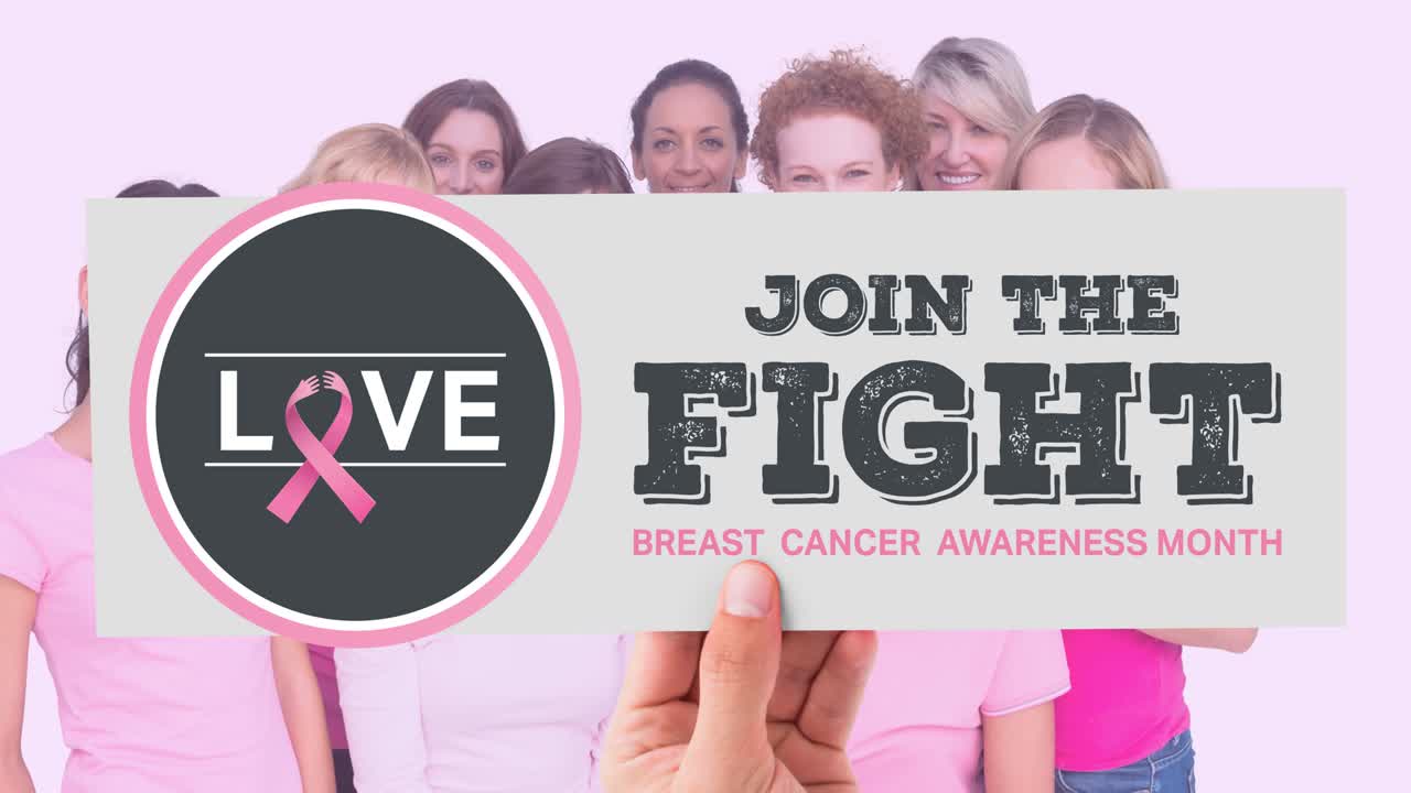 animación del logotipo de la cinta rosa y el texto del cáncer de mama sobre un grupo de un grupo diverso de mujeres