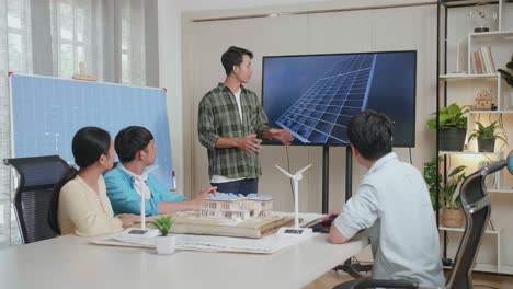 asian man engineer succeed presenting about the work of solar cell at the office, audience clapping hands and feeling impressive