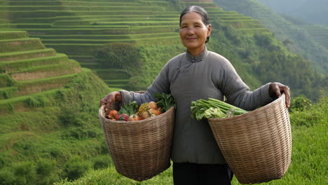 smiling farmer woman holding baskets of fresh produce in rice terraces