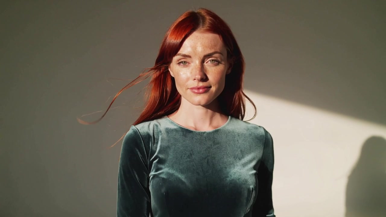 Modella adulta in posa che fa delle giravolte mentre una folata le solleva i capelli rossi in studio, velluto verde acqua, ombra.