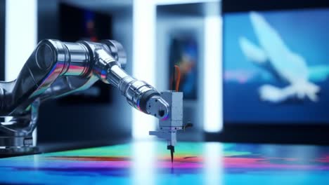 a futuristic robotic arm engages in vibrant artistic creation, showcasing advanced technology and artistic expression in a high-tech environment