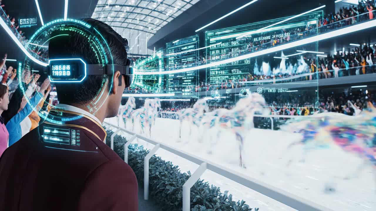 Man Experiencing Virtual Horse Race with VR Headset