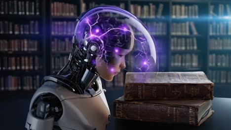 robot reading books in a library