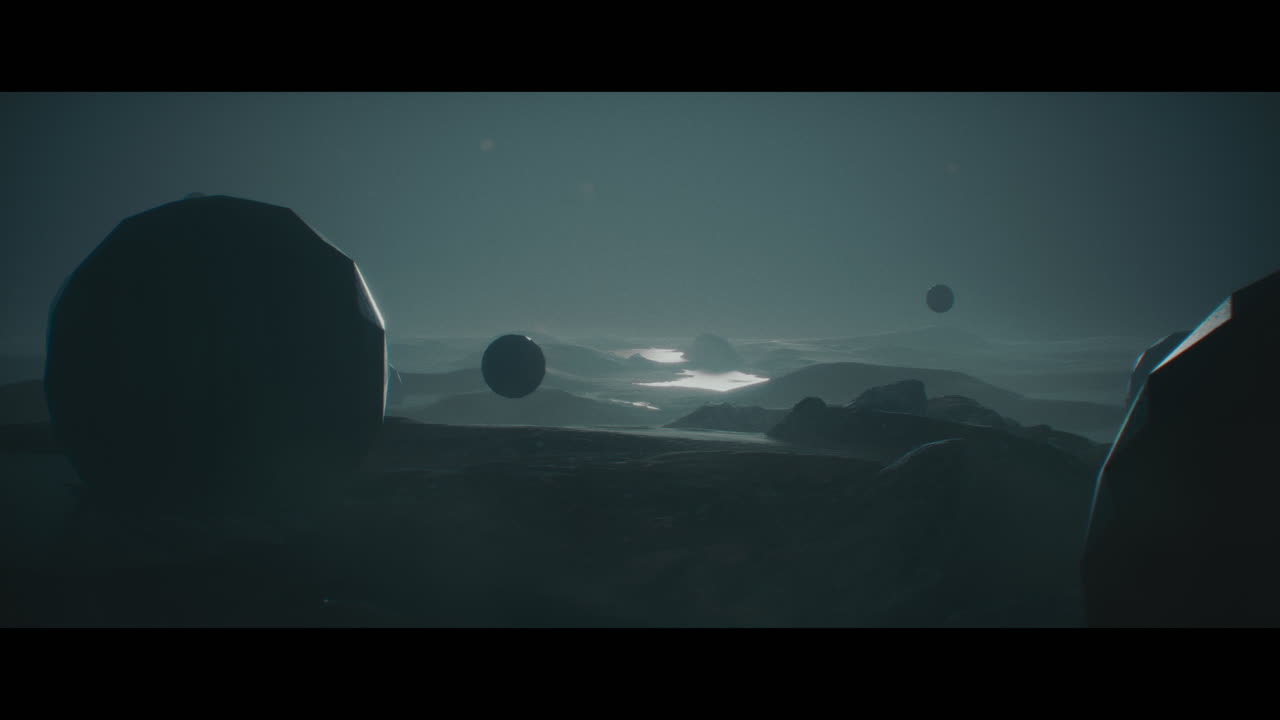 Alien planet desert landscape at night with strange sphere-shaped buildings