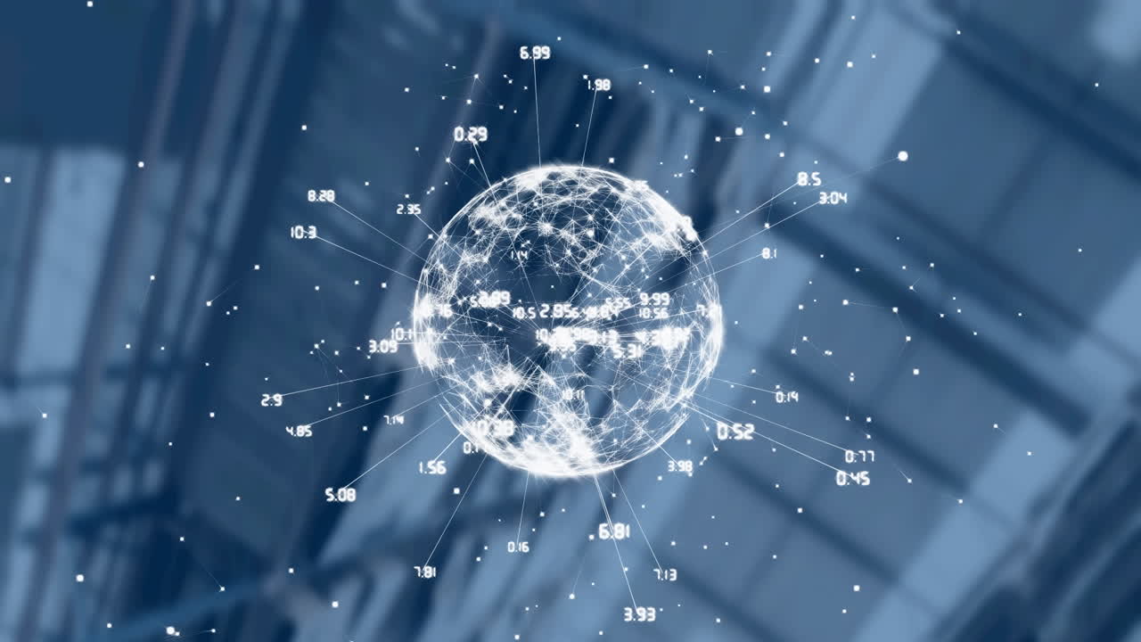 배경에 창고에 대해 회전하는 연결 네트워크의 세계