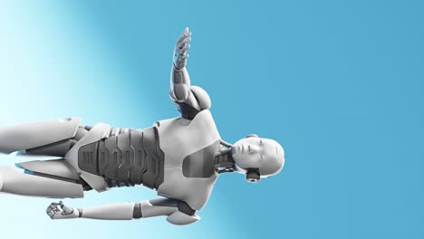 prototipo de cyborg humanoide moviendo el brazo y mostrando la palma de la mano espacio vacío para agregar objeto, fondo de cielo azul, inteligencia artificial escenario de tarea futurista animación de renderización 3d vertical