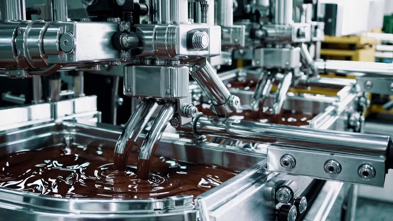Close-up video of a chocolate factory machine mixing liquid chocolate