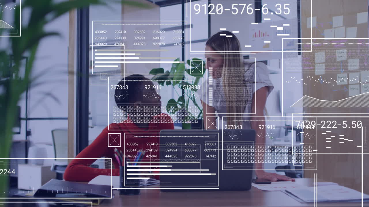 Coworkers collaborating at modern office desk, integrating digital finance charts and code overlays