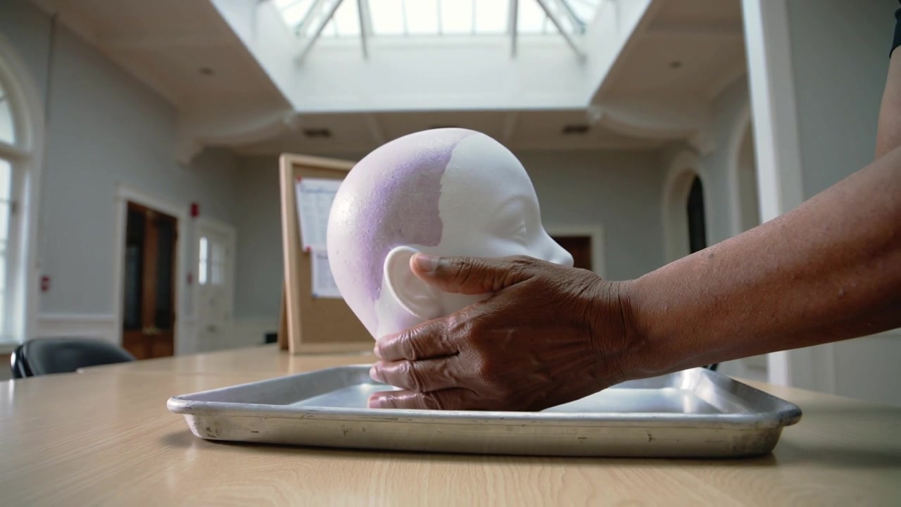 Rotating mannequin head lavender top hands reaching right lifting off tray in studio for display