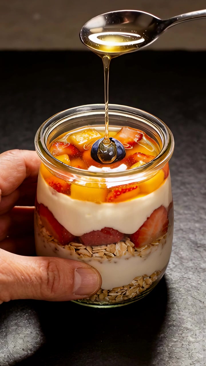 Vertical video: Pouring honey while spoon lowering onto blueberry on parfait on counter, sweetening