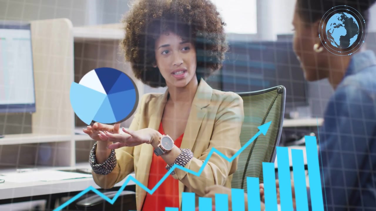 Lead analyst raising hands causing moving percent charts peer nodding explaining business trends