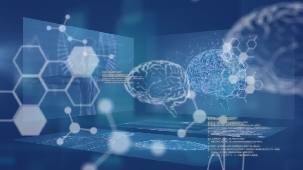 Animation of human brain and medical data processing over businesswoman wearing vr headsets