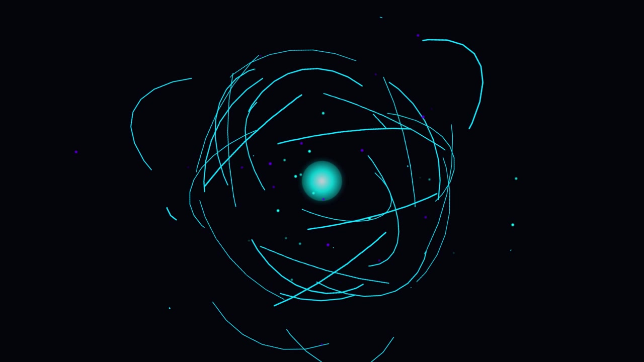 Animazione astratta di un atomo luminoso con particelle in orbita.