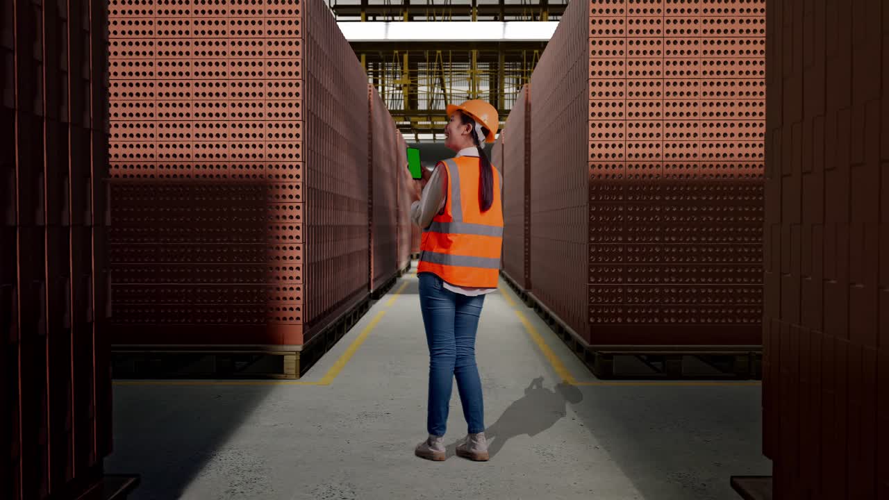 Full Body Back View Of Asian Female Engineer With Safety Helmet Working On A Green Screen Smartphone And Looking Around With Red Brick Packed in Stacks Are Stored