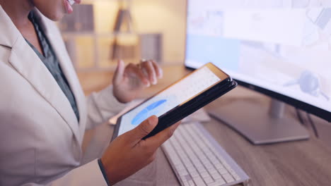 chart, business and tablet with hands of woman