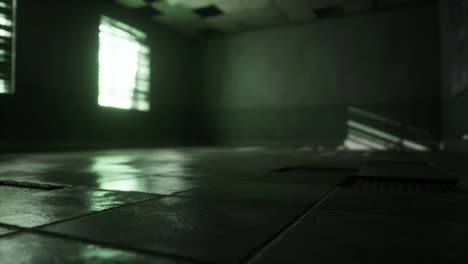 an abandoned room with a window, tiles, and a broken window