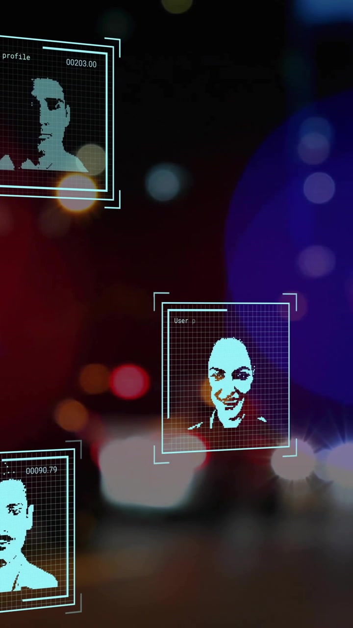 Animation of data processing with people portraits over cars on street with bokeh