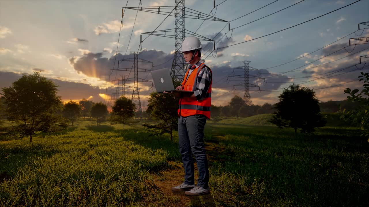 Engineer in Safety Vest Using Laptop Near Power Lines at Sunset