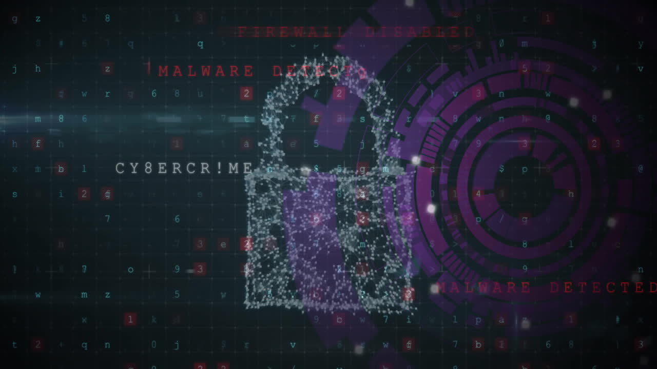 Animation of digital data processing and padlock on dark background