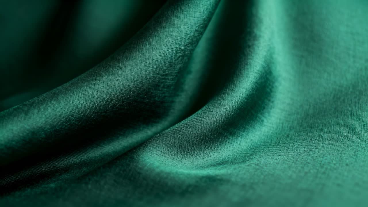 Rippling teal satin fabric shifting under moving studio light, revealing folds, specular highlights