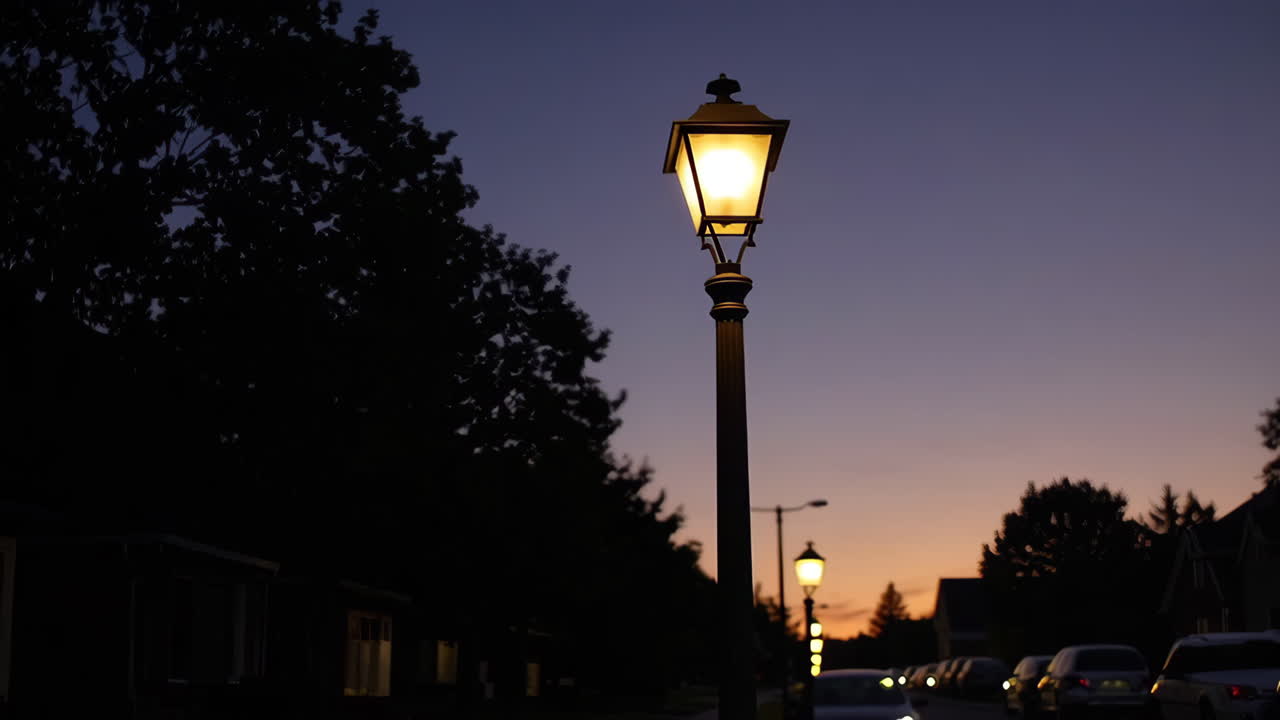 Illuminated street lamp at dusk on a residential street