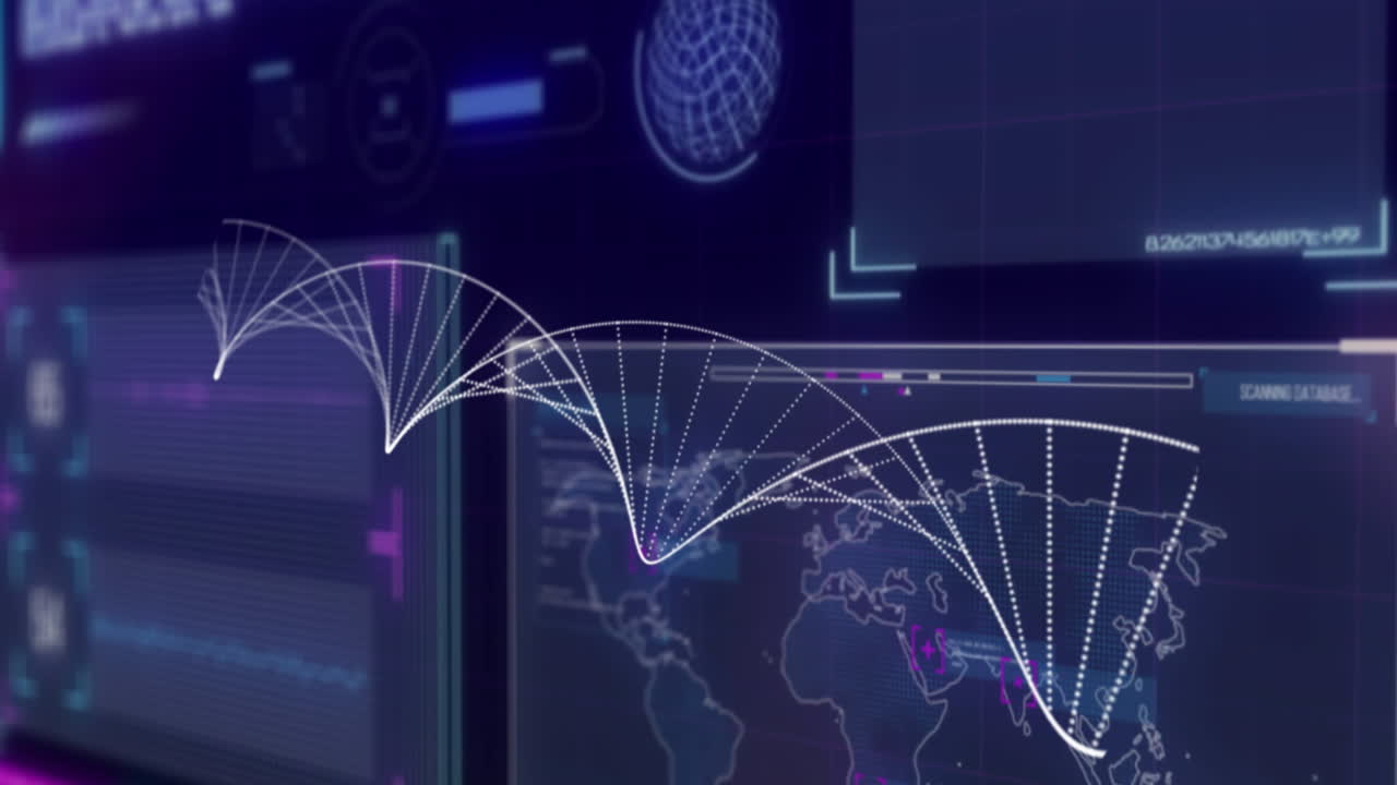 Animation of dna strand over data processing on black background