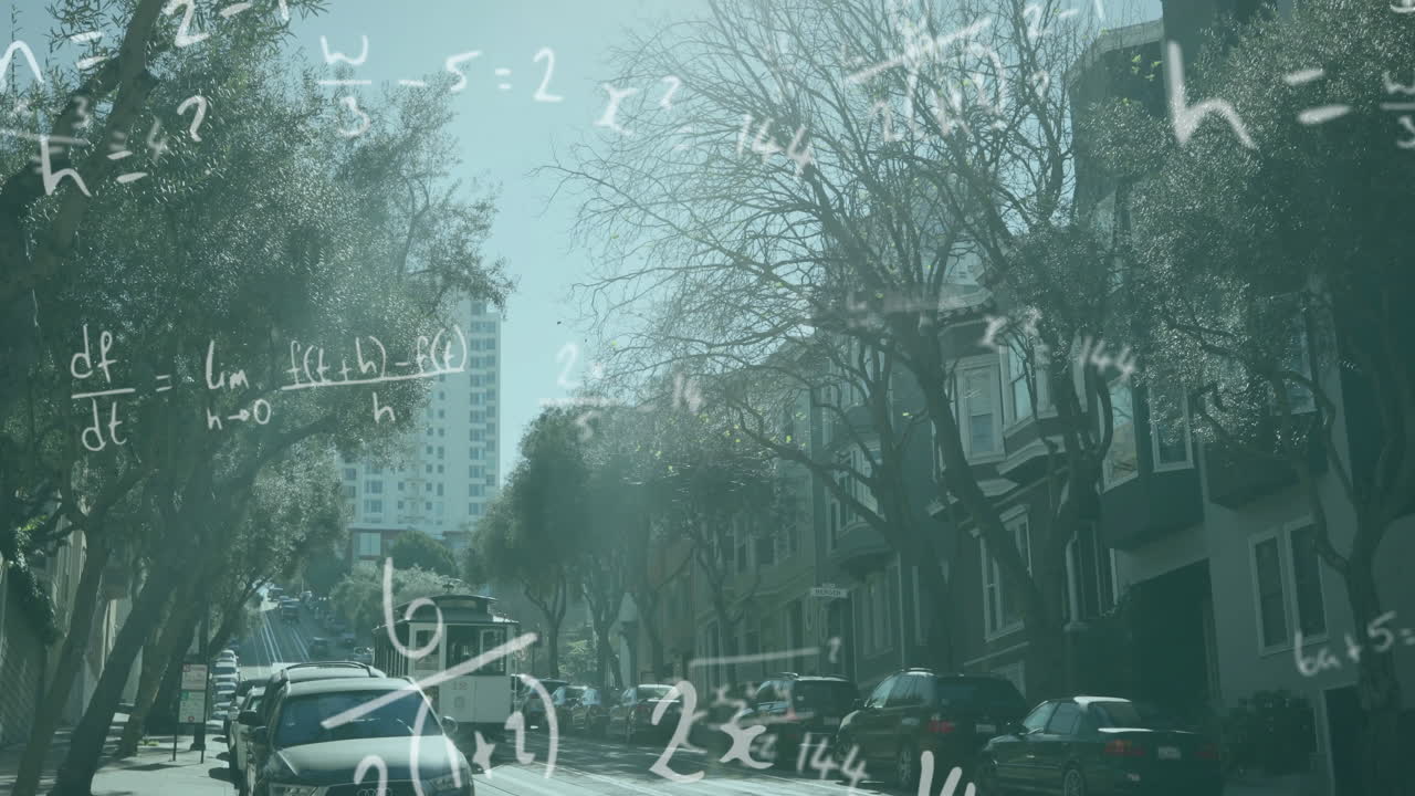 Animation of mathematical equations overlaying urban street with cars and trees