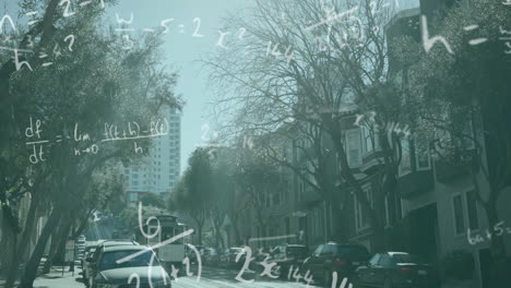 animation of mathematical equations overlaying urban street with cars and trees