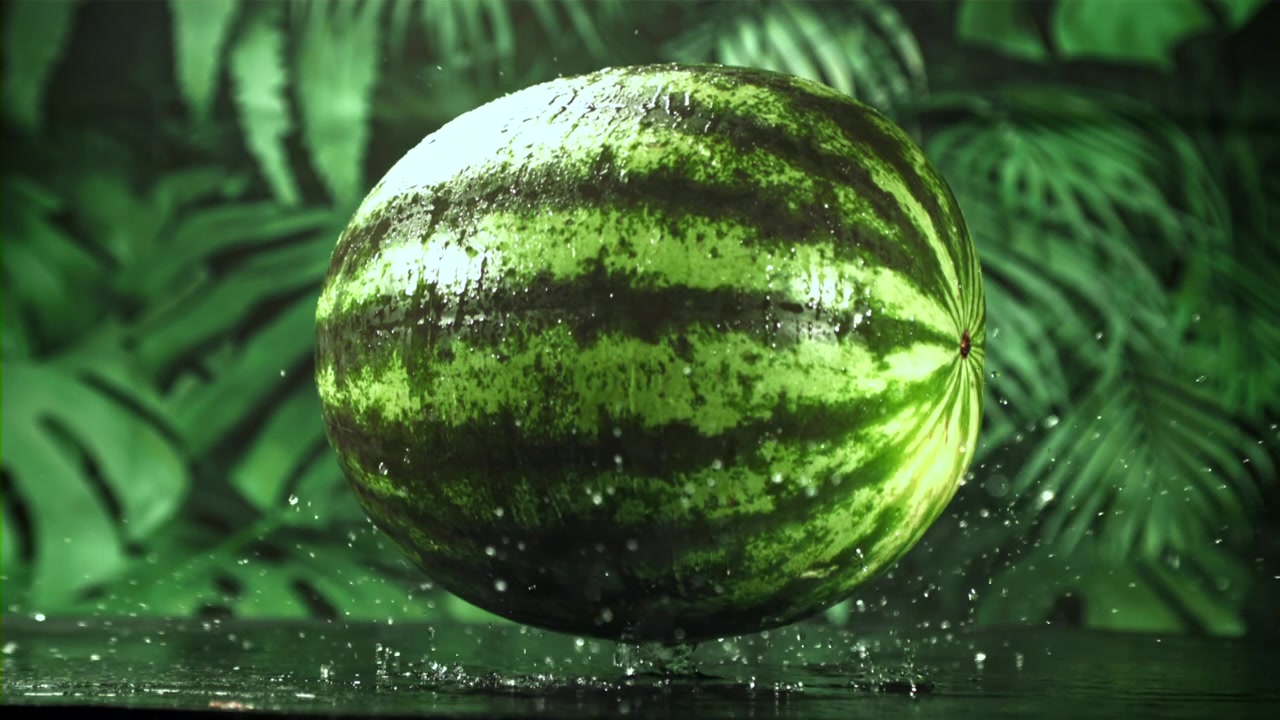 Anguria che cade e schizza al rallentatore con foglie tropicali verdi