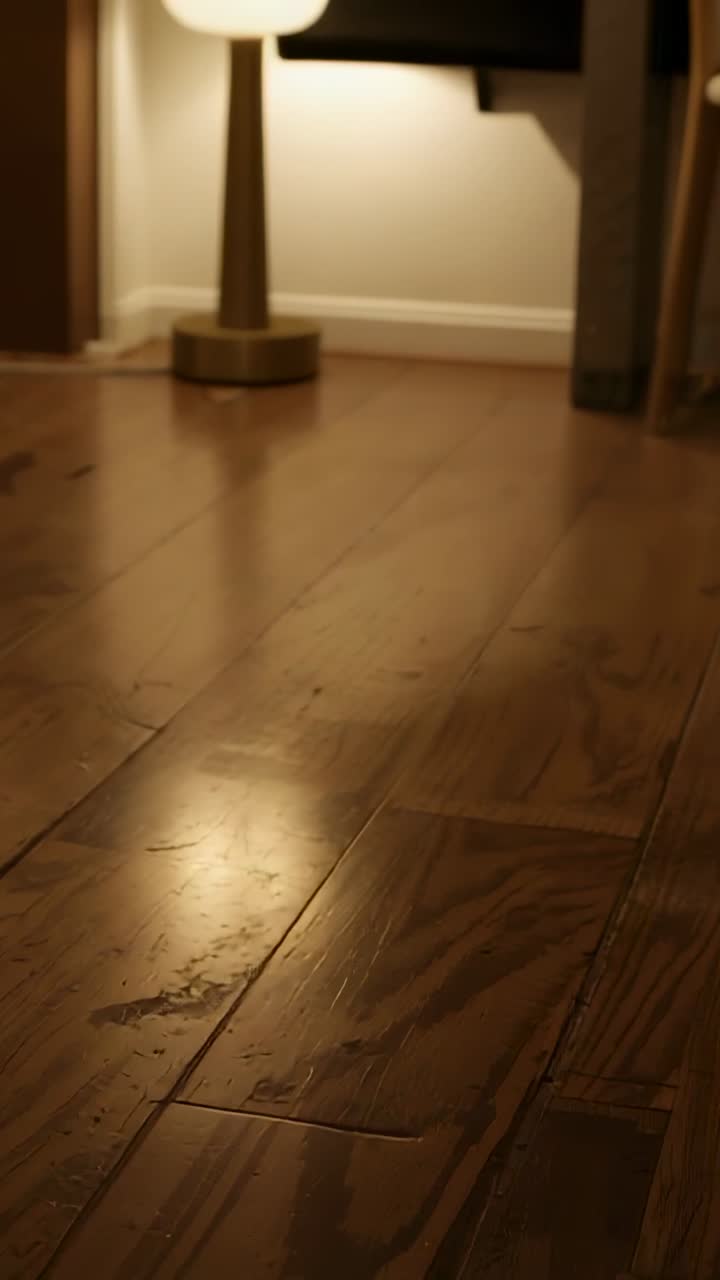 Vertikal video: Stigende kamera viser lampe som slår seg på og kaster refleksjon på tregulv hjemme.