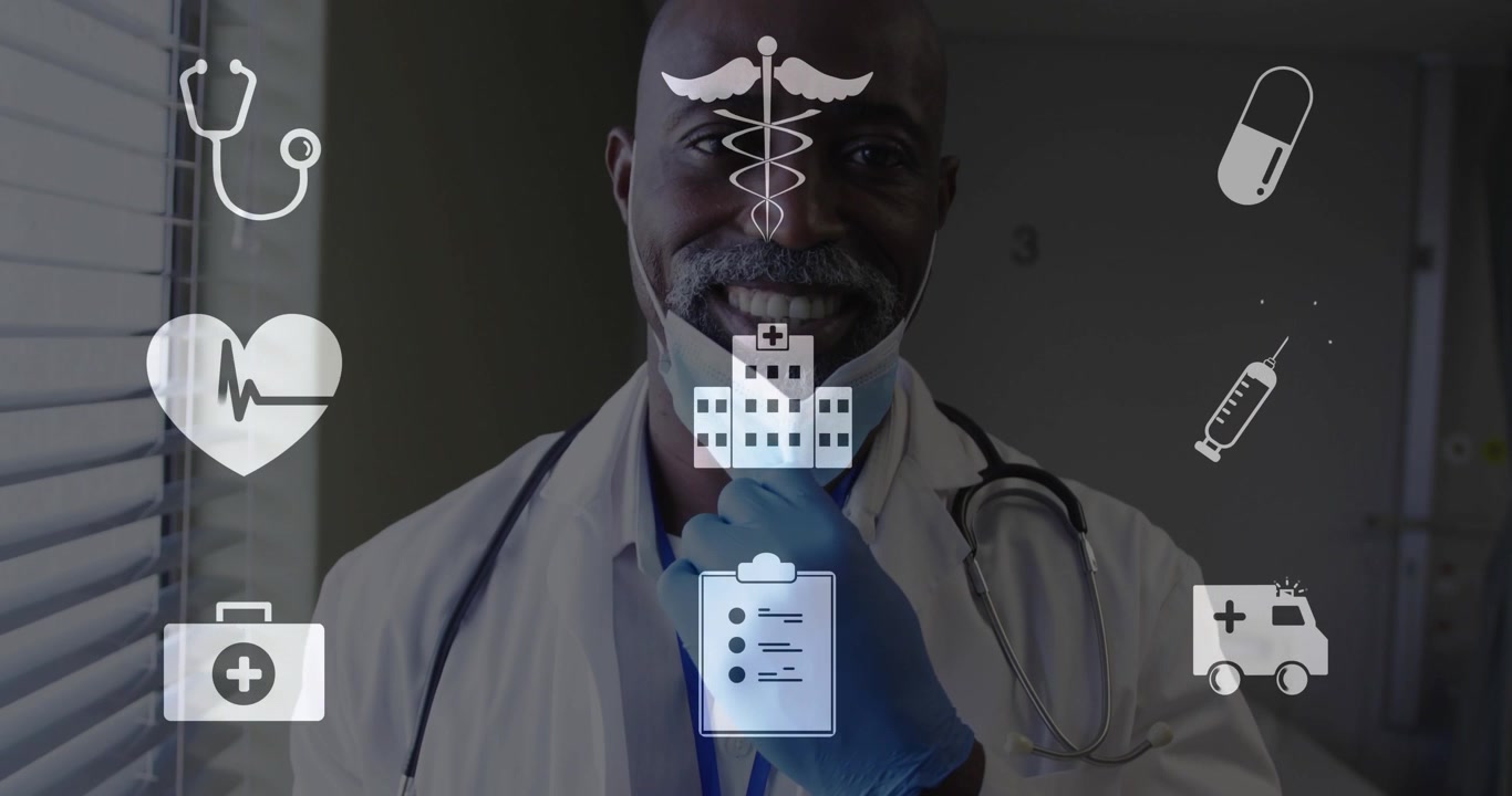 Un médecin lève une main gantée vers la caméra, baissant son masque et révélant son visage avec des icônes superposées symbolisant la confiance.