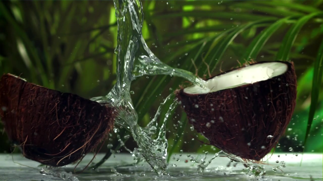 Slow Motion of Coconut Splitting and Water Splashing with Tropical Leaves