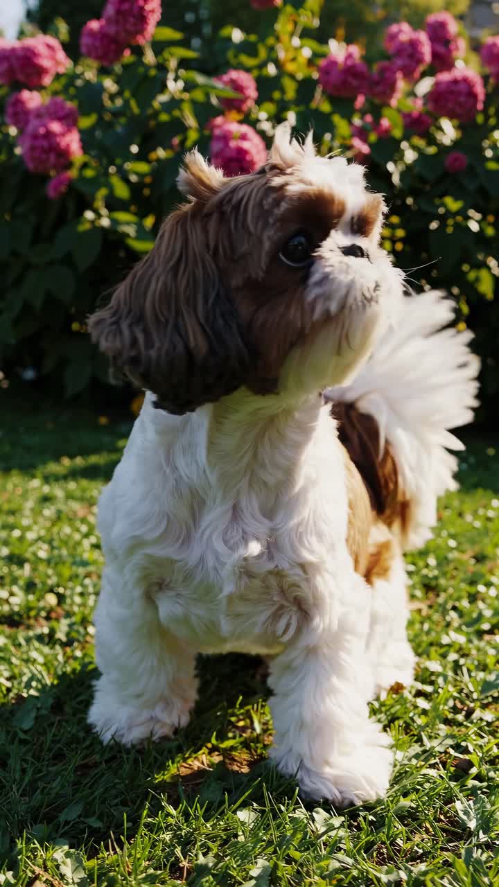 Low-angle video of a fluffy dog on grass with vibrant pink flowers in the background