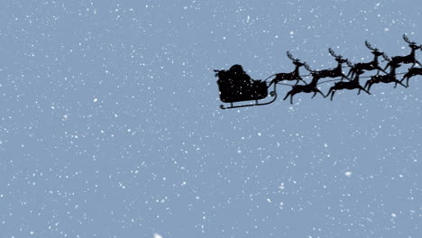 animation of snow falling over santa claus in sleigh with reindeer